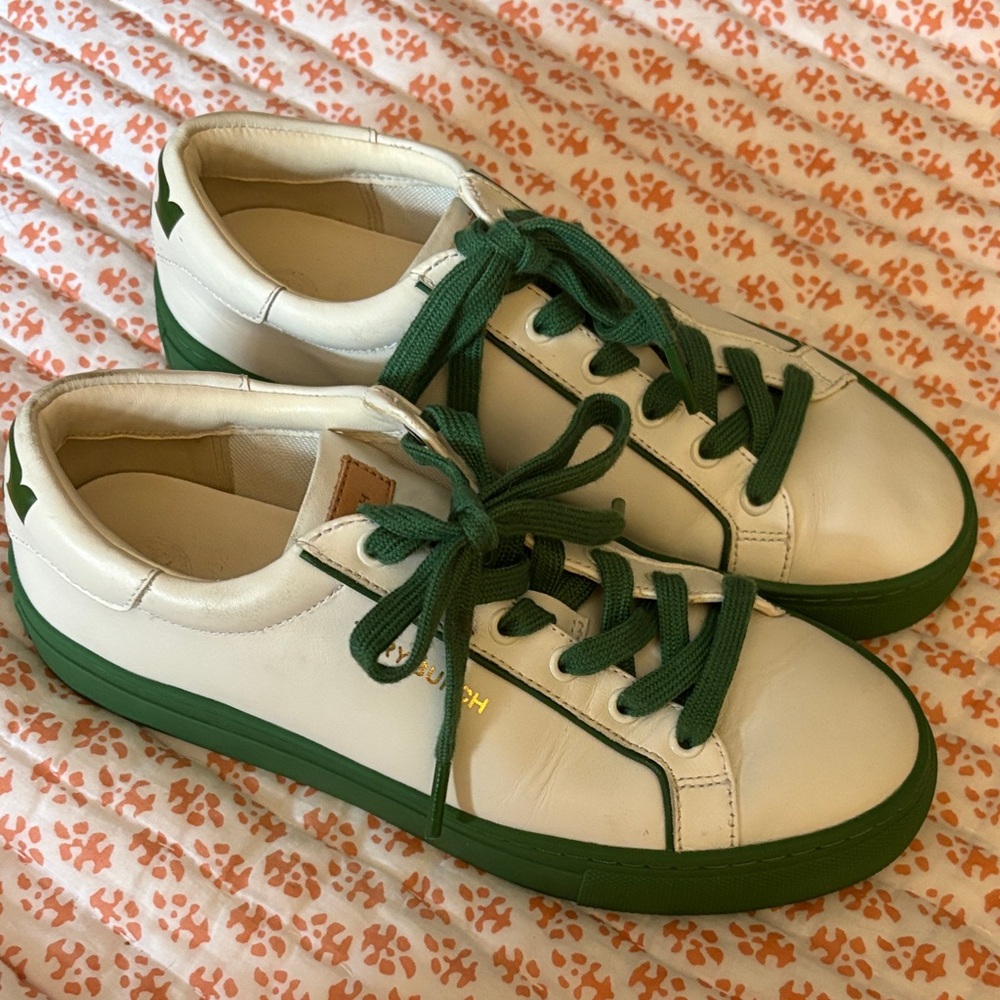 Tory Burch White Leather Sneakers with Green Accents - Picture 16 of 16